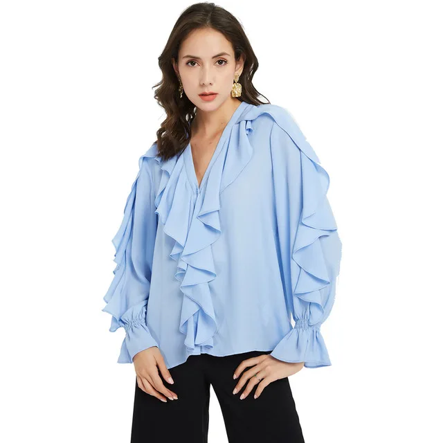 BL02 Blue Милые шифоновые блузки с оборками, женские модные рубашки с длинным рукавом, блузки, женские элегантные топы с v-образным вырезом, женские блузы - Цвет: BL02 Blue