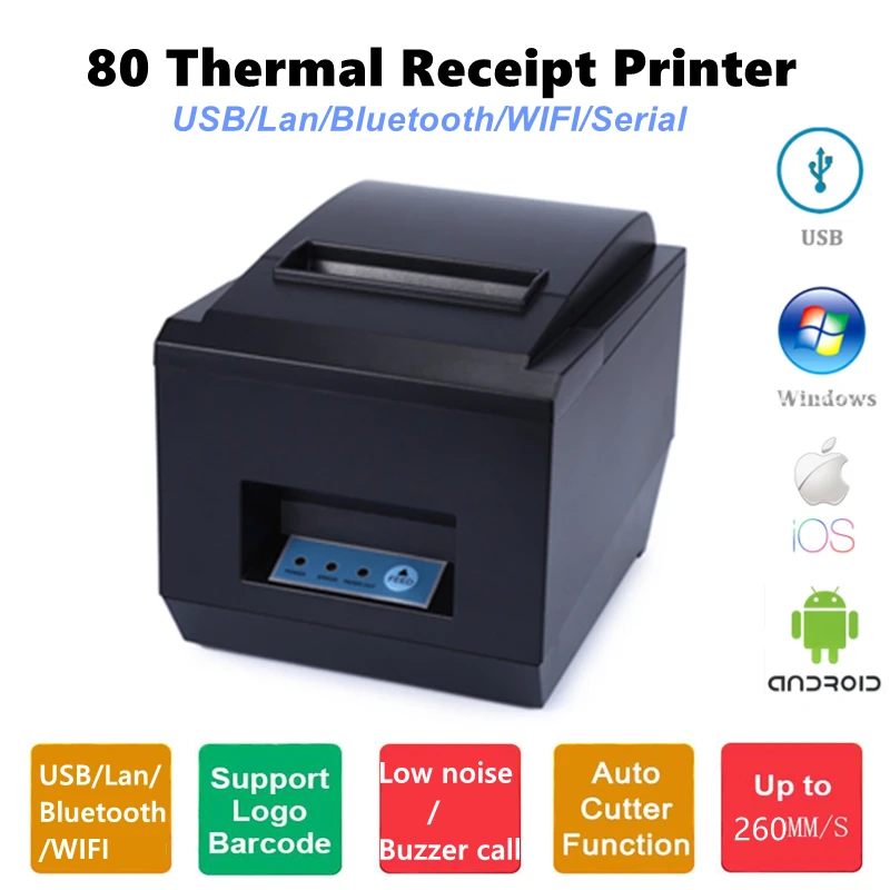 Thermische Ticket Drucker 80mm Mit Auto Cutter USB Bluetooth POS Erhalt Drucker Hohe Geschwindigkeit 260 MM/s Küche Restaurant Thermische Ticket Drucker 80mm Mit Auto Cutter USB Bluetooth POS Erhalt Drucker Hohe Geschwindigkeit 260 MM/s Küche Restaurant