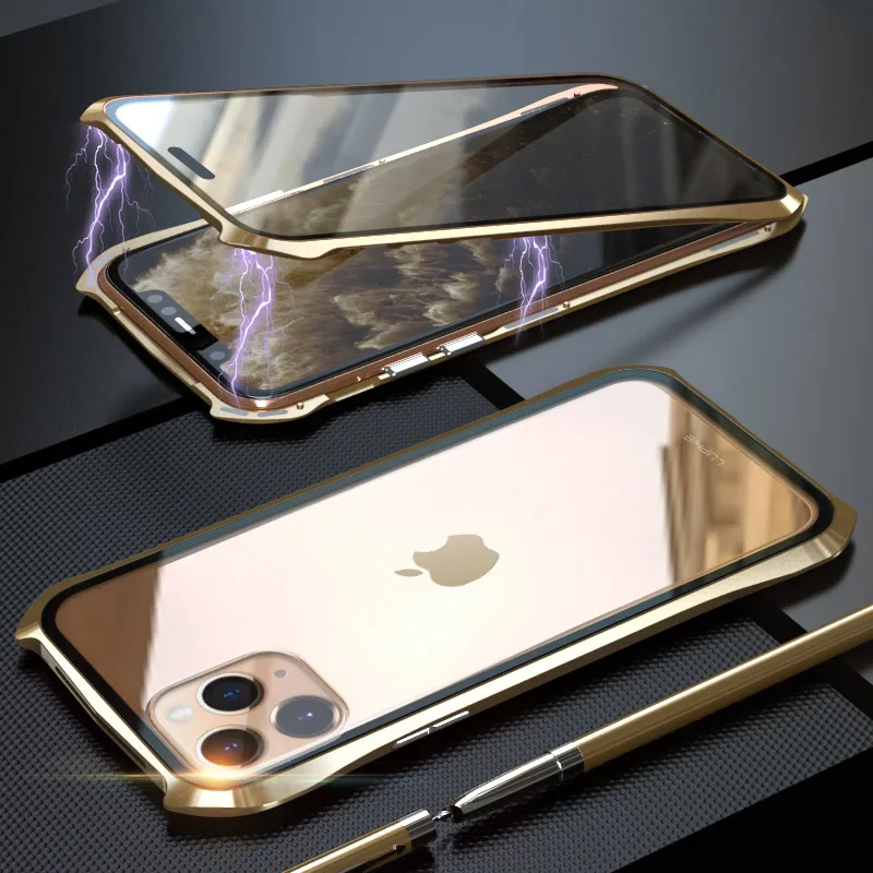 Для iPhone 11 Pro Max 11 чехол, стиль летучая мышь тонкая металлическая рамка, взрывозащищенный чехол из закаленного стекла с магнитной адсорбцией - Цвет: Золотой