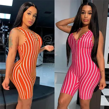 

Summer women sexy short playsuit red orange striped sleeveless club rompers 2020 new female elastic skinny sexy party bodysuits