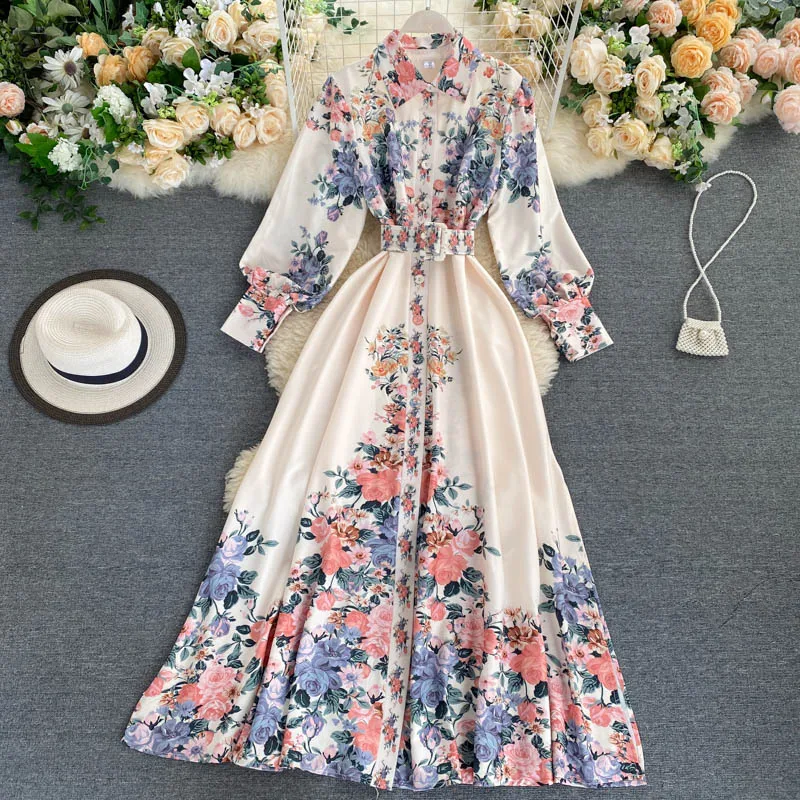 LY VAREY LIN 2022 New Autumn Floral Print Dresses Women Turn Down Collar with Belt Single Breasted High Waist A Line Slim Dress maternity dresses