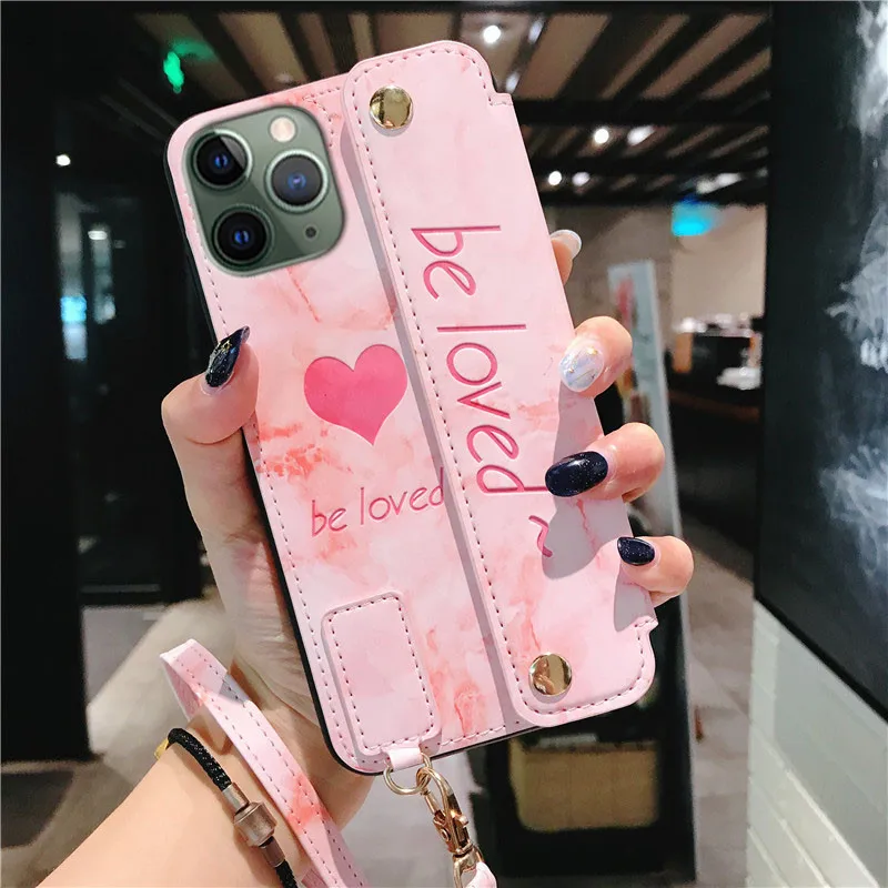 Black Розовый «любящее сердце» кожаный бумажник чехол для телефона для iPhone 11 Pro Max XR X Xs Max Мягкий ТПУ чехол для iPhone 7 8 6 6s плюс ремешок чехол - Цвет: Black