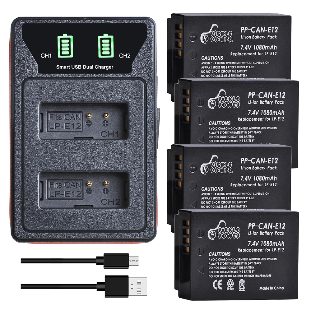 LP-E12 LP E12 LPE12 Battery+LED USB Dual Charger with Type C for Canon Rebel SL1 100D, EOS M, EOS M2, EOS M10 EOS M50 SX70 HS 