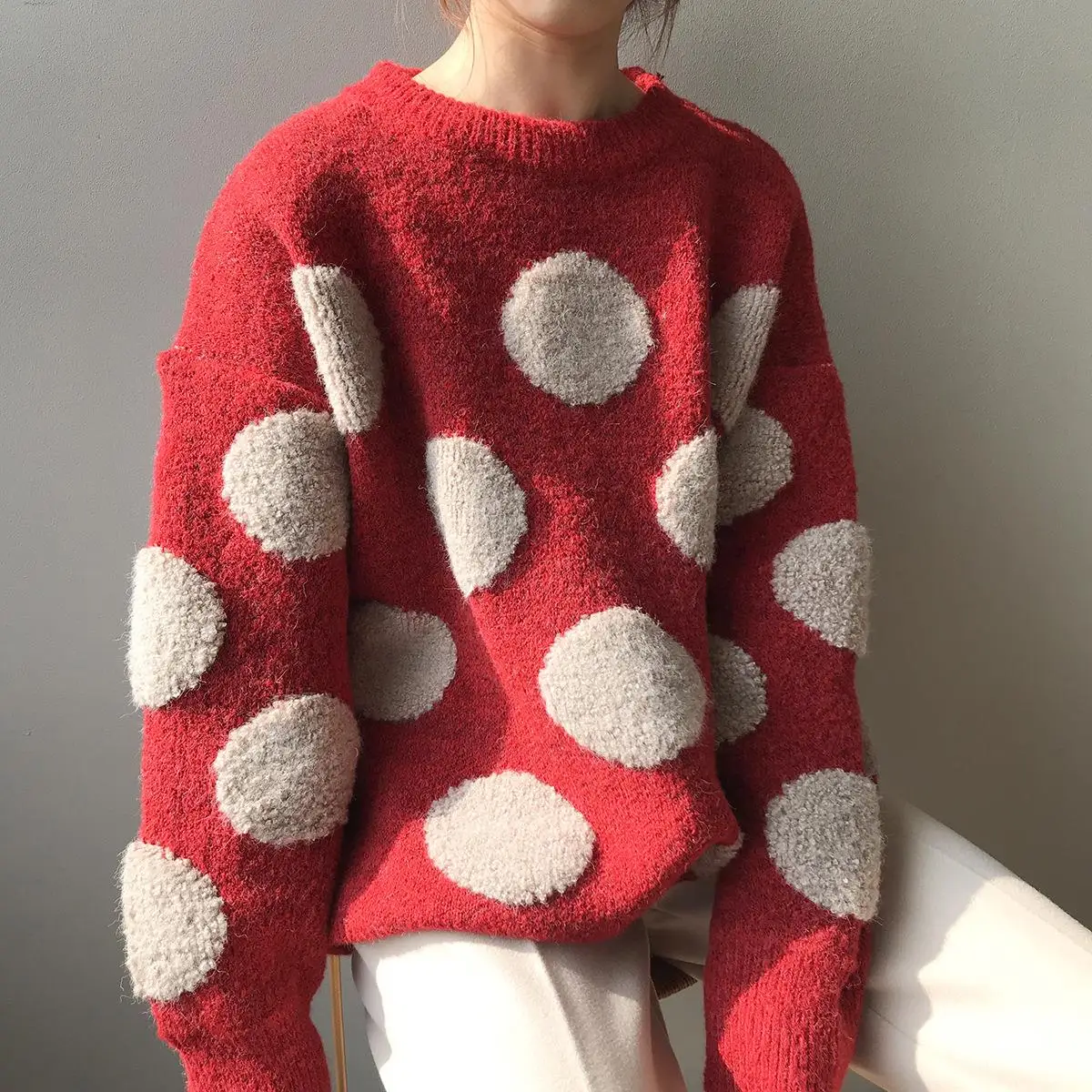 Женский свитер в горошек, свободный джемпер, повседневный разноцветный пуловер в горошек