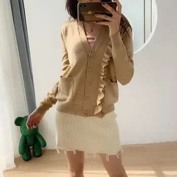 

Women Knitted Cardigan Sweater Khaki Long Sleeve Ruffled Loose 2019 New Autumn and Winter Ladies Single Breasted