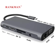 Rankman tipo-c para rj45 gigabit ethernet hdmi-compatível com vga sd tf leitor de cartão USB-C 3.0 para macbook samsung dex tv ps5 nintendo