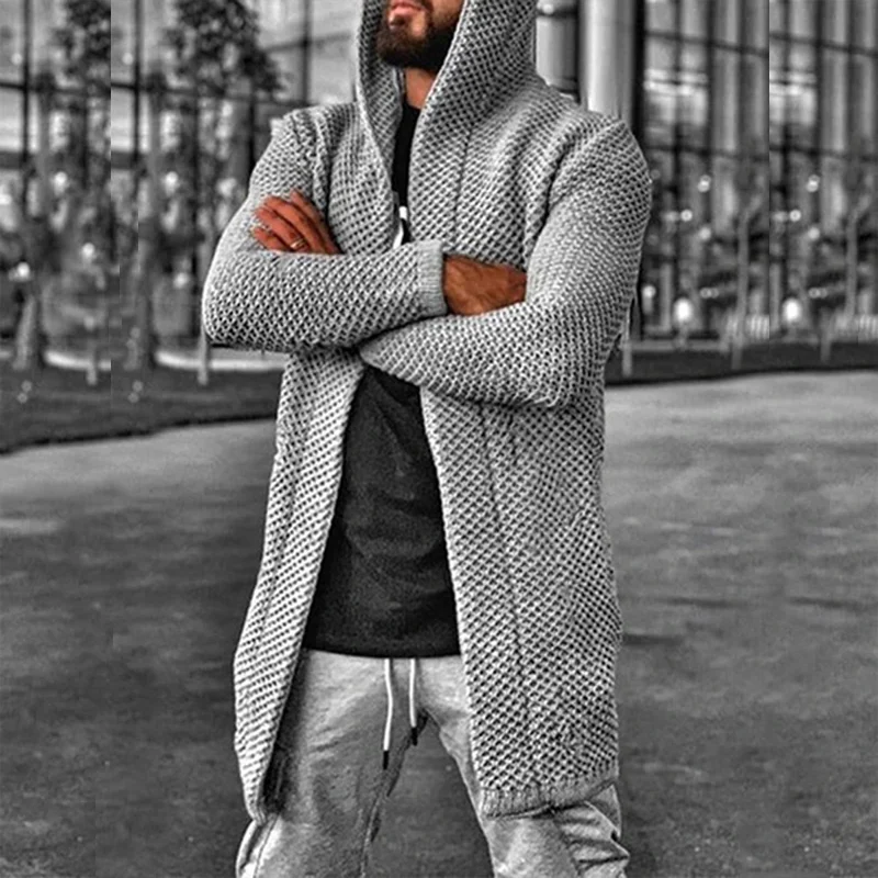 Suéter cárdigan de longitud media para hombre, chaquetas de punto con capucha, ropa de primavera y otoño, Chaqueta de punto ligera, suéteres de talla grande de punto