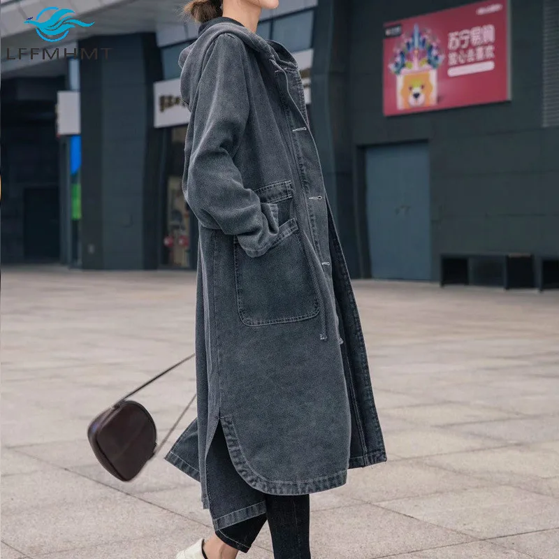 Women Spring Fall Korean Style Mid-long Single Breasted Coat Office Lady Solid Color Large Size Casual Loose Hooded Denim Trench