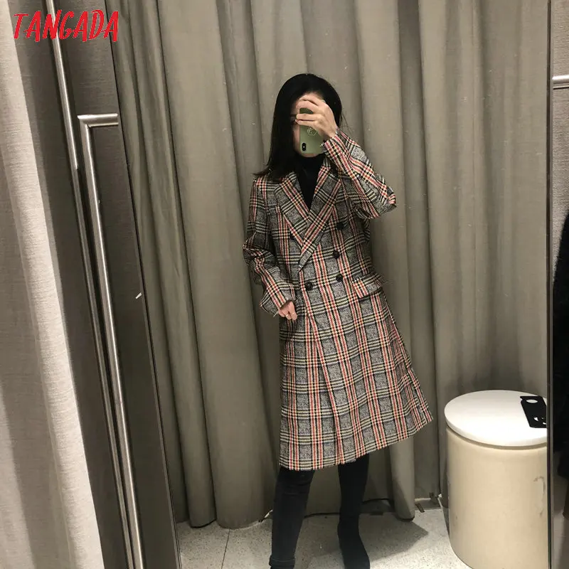 Tangada, женские плотные твидовые пальто, куртка в клетку, с длинным рукавом, с карманом, для девушек, элегантное, осенне-зимнее пальто, 2XN176