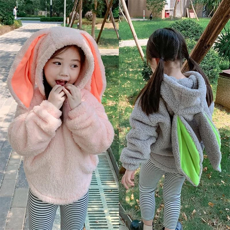 

Children Sweatshirt Baby Girl Winter Two-sided Lint Fluorescence Hoodies Teen Rabbit Ears Long Sleeve Pullover Toddler Sweater