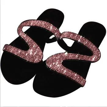 

Shoes Rhinestone Women Slippers Casual Ladies Flat Heel Gladiator Summer Fashion Party Beach Bling Crystal Flip Flops Sandals