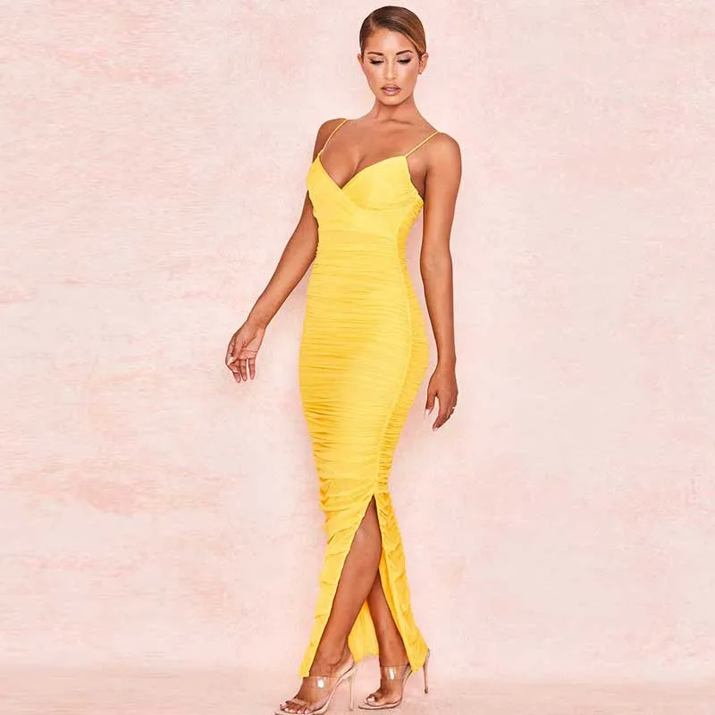 ERDAOBEN yellow bodycon dress pleated bodycon for women club HL dresses