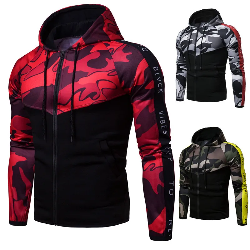 

2018 Autumn Building New Style European Version of Sports Fitness Men Slim Fit Hooded Camouflage Mixed Colors Hoodie outside