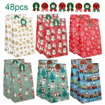 

48Pcs Chiristmas Kraft Paper Bag DIY Baking Snack Food Packaging Pocket Wedding Birthday Gift Bags for Festival Party Supplies