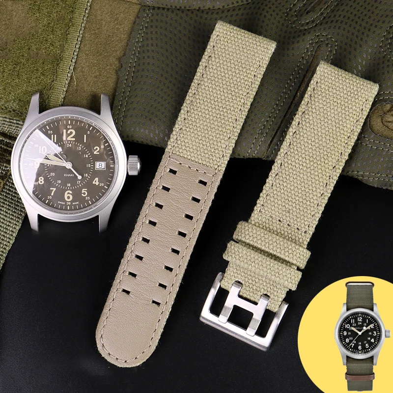 Canvas Leather Bottom Watch Band, 20mm/22mm Buckle, for Hamilton and Seiko Watches