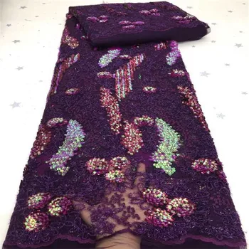 

2020 gold New Design African Lace Fabric Wholesale French Lace Fabric purple High Quality Nigerian Tulle big Sequins Lace Fabric