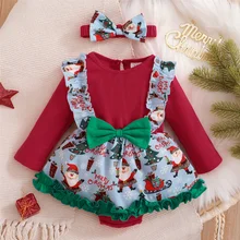 

0-18 Months Newborn Baby Girl Christmas Rompers Red Ruffled Cartoon Print Long Sleeve Bodysuit With Bow Headband