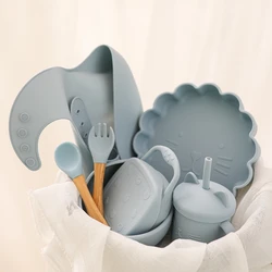 7 pçs conjunto de utensílios de mesa de alimentação do bebê toddle à prova dtoágua bib colher garfo soild comida tigela alimentação portátil crianças prato