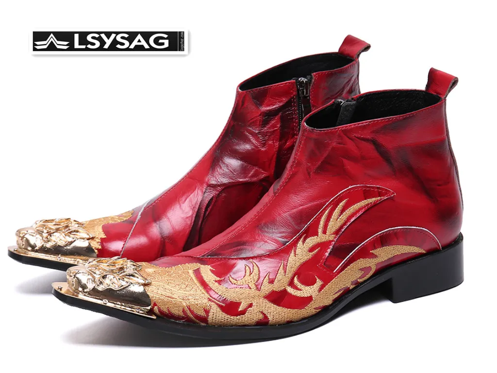 

Handmade Embroidery Men Dress Boots Red Real Leather Ankle Boots Pointed Toe Party Short Boots Formal Shoes