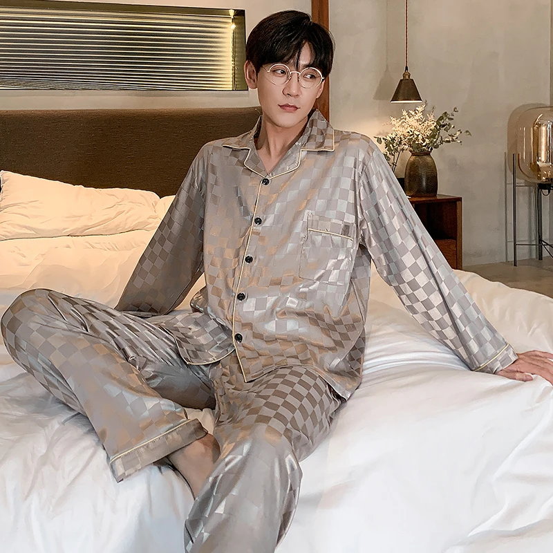 Autumn Men's Trousers Pajamas Suit Plaid High Quality Silk Home Clothes Two-piece Suit for Men Luxury Pajamas for Sleep 2021 New mens pyjama tops