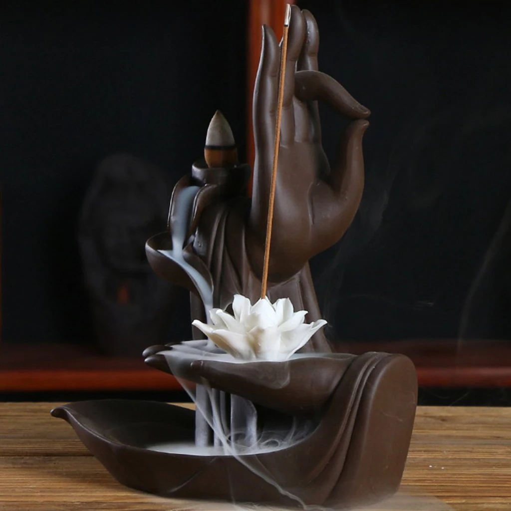Ceramic Waterfall Backflow Incense Burner Incenser Stick Home Decoration Aromatherapy Ornament ,Lotus Hand &Buddha Design