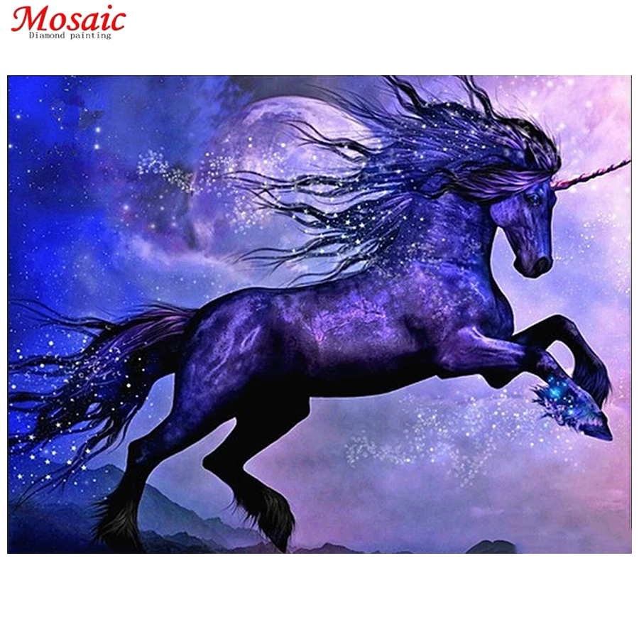 5D Diamond Painting &quotRunning black unicorn" Cross Stitch DIY Embroidery Landscape Full round rhinestones Home Decor gift | Дом и сад