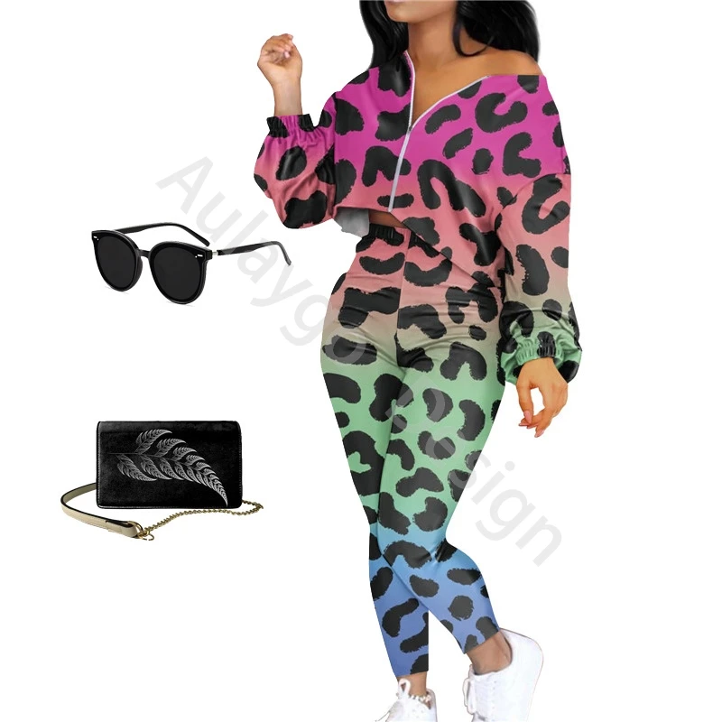 

Colorful Leopard Print 2 Piece Outfits For Women Large Size 4XL European Clothing Zipper Short Coat And Pant Lounge Wear Set