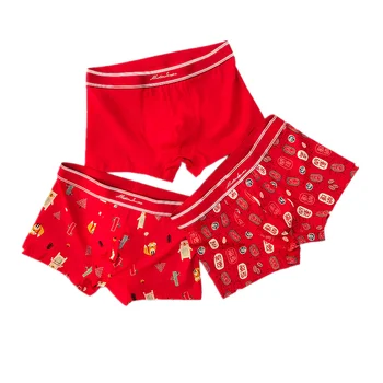 

2pcs 2020 new red bear print Chinese style comfortable men boxer cotton fasion male underwear