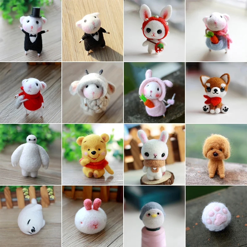 

Jiwuo Wool Felt Craft Dog Rabbit Mouse Penguin Raccoon DIY Non Finished Poked Set Handcraft Kit For Needle Material Bag Pack