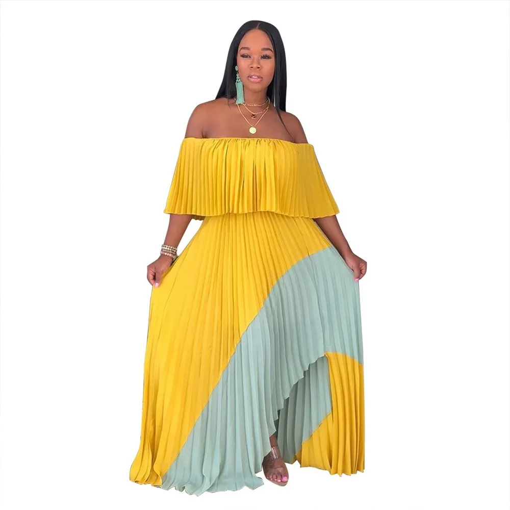

2020 Women Slash Neck Pleated Maxi Dress Summer Off Shoulder Sexy Party Dress Elegant Formal Evening Gown Dresses Vestidos