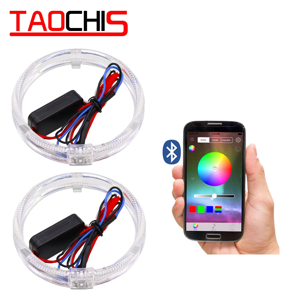 

TAOCHIS 12v APP RGB Angel Eyes DRL Car LED Headlight Retrofit Light Guide Optical Halo Rings 80mm 95mm White blue green