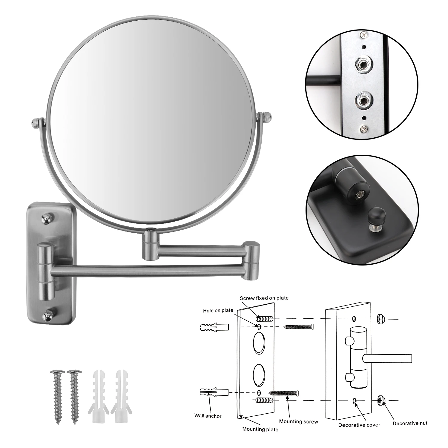 Miroir De Maquillage Mural LED Rotatif 360° - Grossissement 3x/5x, éclairage Réglable Chaud/froid, 20 Cm, Laiton/acier