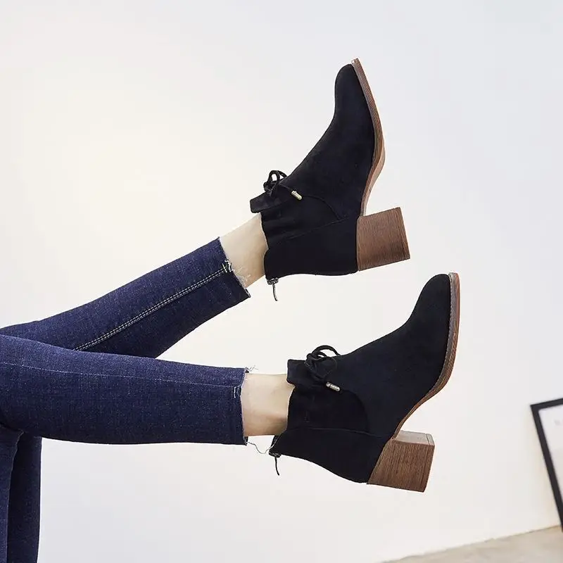 

Autumn And Winter Chunky-Heel Suede Bow Short Boots Children after Zipper Flounced Martin Boots Semi-high Heeled Retro Women's B