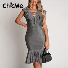 

Chicme Sexy Dress for Women Glitter Ruffles Cutout Asymmetrical Party Dress Bodycon Midi Off the Shoulder Mermaid Tail Dress
