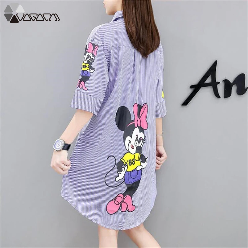 

Summer Autumn Striped Shirt White Minnie Casual Midi Women Cartoon Shirts Loose Lapel Half Sleeve Tops Plus Size 5XL 2019