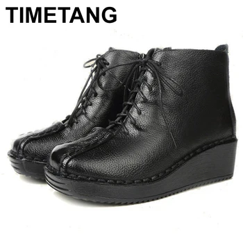 

TIMETANG Genuine Leather Womens Slippers Winter 2020 New Fashion Leather Boots Plus Velvet Wedge Boots With High End Female Shoe