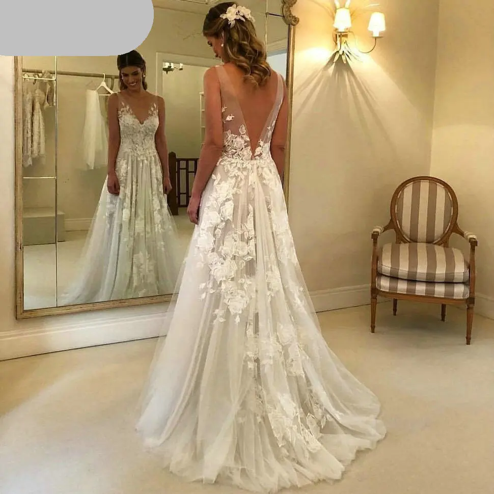 plus size wedding dresses Boho A Line Wedding Dresses Lace Appliques V Neck Sleeveless Tulle Backless Wedding Gowns Robe De Mariee Sweep Train Bride Gown summer wedding guest dress