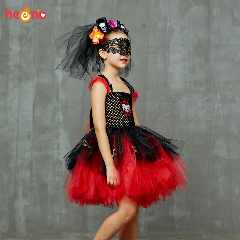 Нарядное платье-пачка для девочек на Хэллоуин, день зомби, День мертвых Детский карнавальный костюм вампира, страшный череп, ужас, призрак