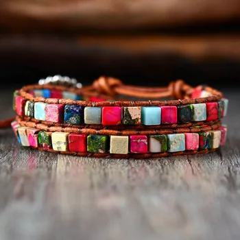 High End Mix Natural Stone Vintage 2 Strands Leather Wrap Weaving Bead Bracelets