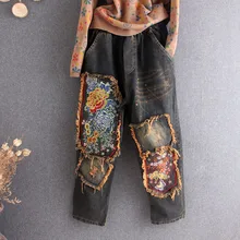 Рваные джинсы для женщин, уличная одежда, Национальный Ветер, вышивка, принт, пэтчворк, джинсовые брюки, эластичные, Waisst, вареные, шаровары, винтажные