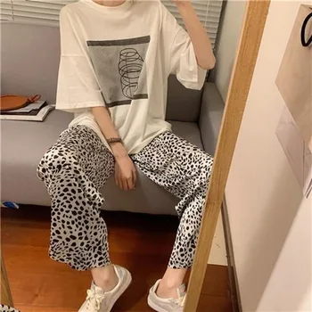 

QWEEK Women's Pajamas Leopard Home Clothes for Women Pyjama Lounge Wear Nightgown Sets Nightie Top + Shorts Summer Pijamas Mujer