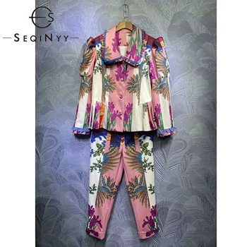 

SEQINYY Fashion Suit Vintage Flowers Print 2020 Spring Autumn New Design Women Runway Puff Sleeve Jacket + Midi Pants Casual