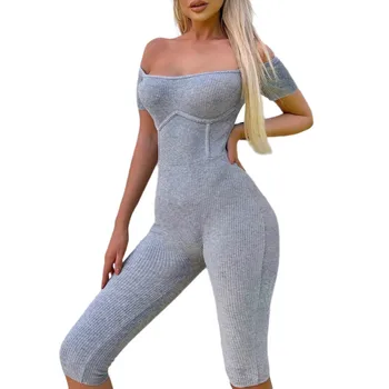 

2020 New Women Off Shoulder Playsuit Jumpsuit Short Sleeve Low Cut Bodycon Rompers Shorts Sports Rompers Solid Color Bodysuits