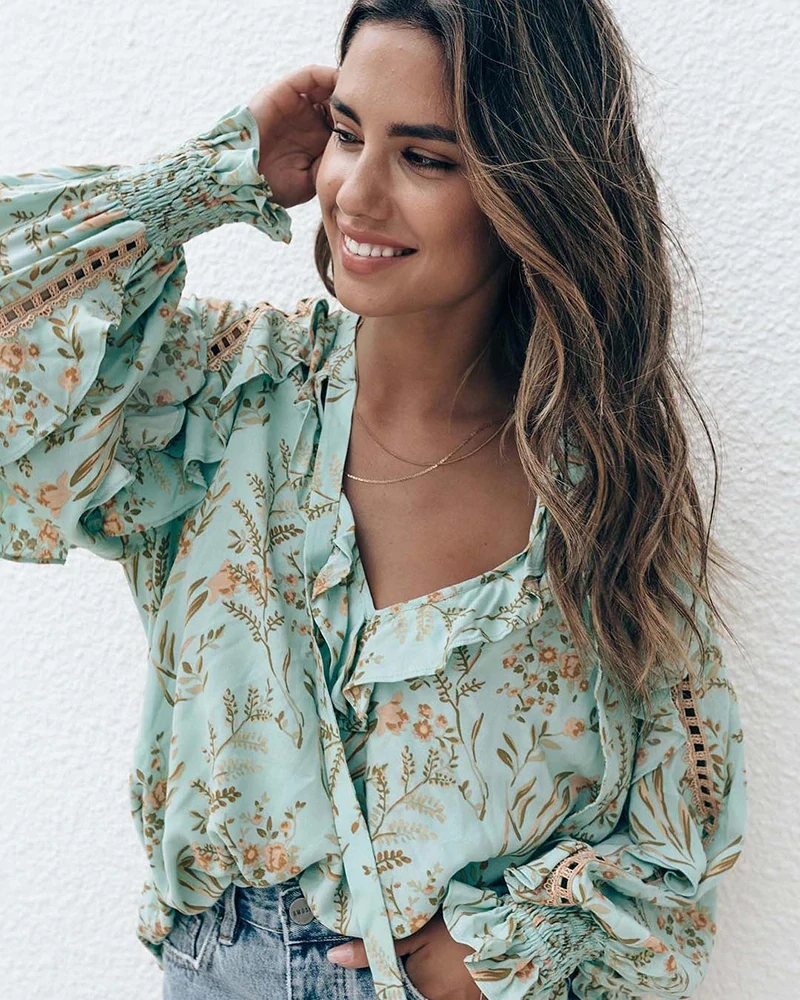 Boho Бирюзовая блузка для женщин с v-образным вырезом шикарные цыганские женские рубашки Повседневный с рукавом-фонариком Лето Весна Топ