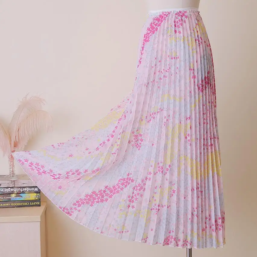 Летняя модная шифоновая юбка Женская высокая талия Цветочные Печатные Элегантные до середины икры пляжная плиссированная юбка