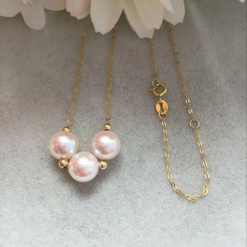 

stunning 3pearls 7.5-8mm Japan Akoya white round pearl pendant 18inch 18k gold