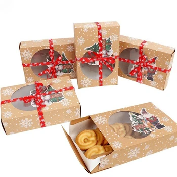 

Food Box 6pcs Food Grade Kraft Christmas Cookie Boxes with Oilpaper and Ribbons Party Favor Treat Boxes with Clear Window