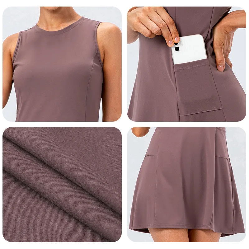 Women Fitness Sport Tennis Skirts Suit Athletic Skin One Piece Sling Golf Skirt Short Pocket Anti-glare One-piece Suit Quick Dry