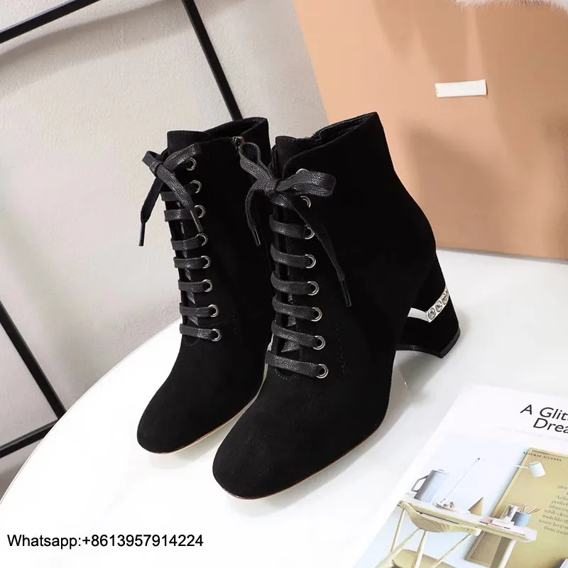 

Zapatos Women Boots De Mujer Crystal Chaussures Femme Zipper High Heels Ladies Boots Square Toe Scarpe Donna Lace Up