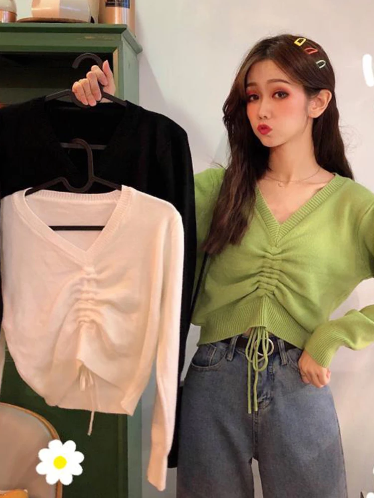 

Popular INS Style Crop Top Sweater Women Knitted Jumper Retro Look String Tie Pull Femme Jersey Mujer